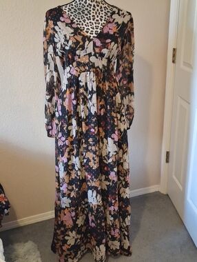 LOFT Black Floral Maxi Dress, Pink and Tan Floral Print.V-neck Open Back Tie L